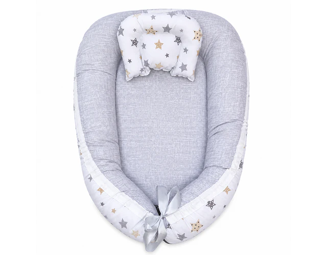 Nidito Colecho; Blanco Estrellas Beige - Gris Jaspeado + Manta Corderito