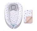 Nidito Colecho - Blanco estrella azules - Beige Jaspeado + manta Corderito