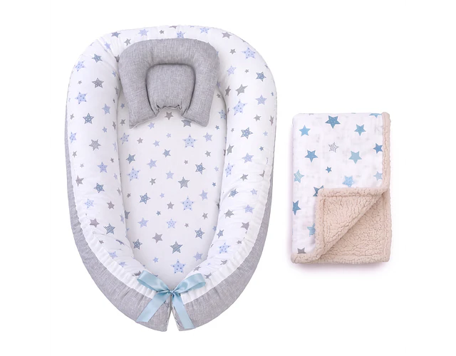 Nidito Colecho - Blanco estrella azules - Beige Jaspeado + manta Corderito