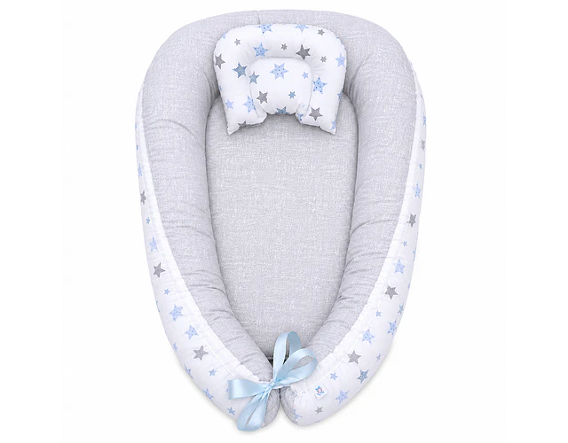 Nidito Colecho - Blanco estrella azules - Beige Jaspeado + manta Corderito