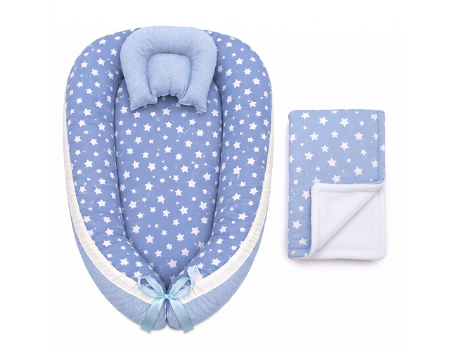 Nidito Colecho; Azul Estrellas Blancas - Celeste Jaspeado + Manta Polar blanco