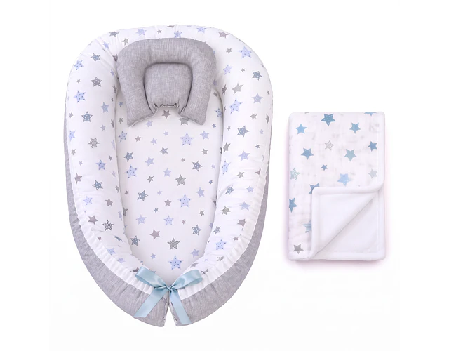 Nidito Colecho - Blanco estrella azules - Beige Jaspeado + manta Polar