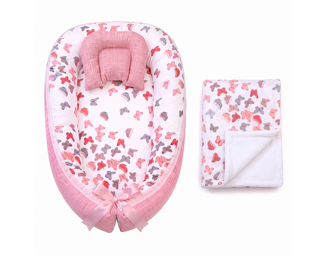 Nidito Colecho Estrellas Mariposas Rosa - Palo Rosa Jaspeado + Manta Polar