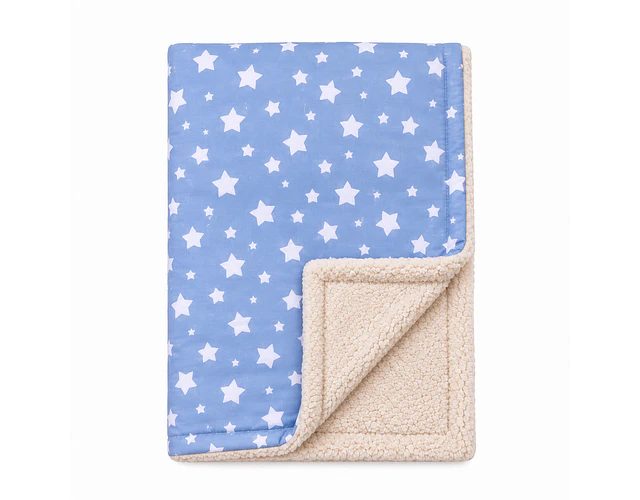 Manta Corderito Beige; Azul Jeans Estrellas Blancas