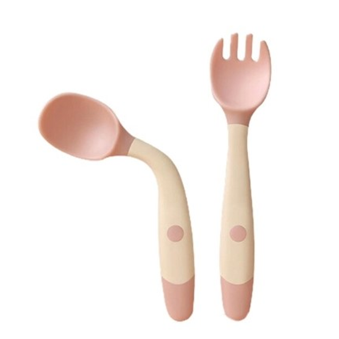 Set cuchara y tenedor silicona flexible rosado-crema 1
