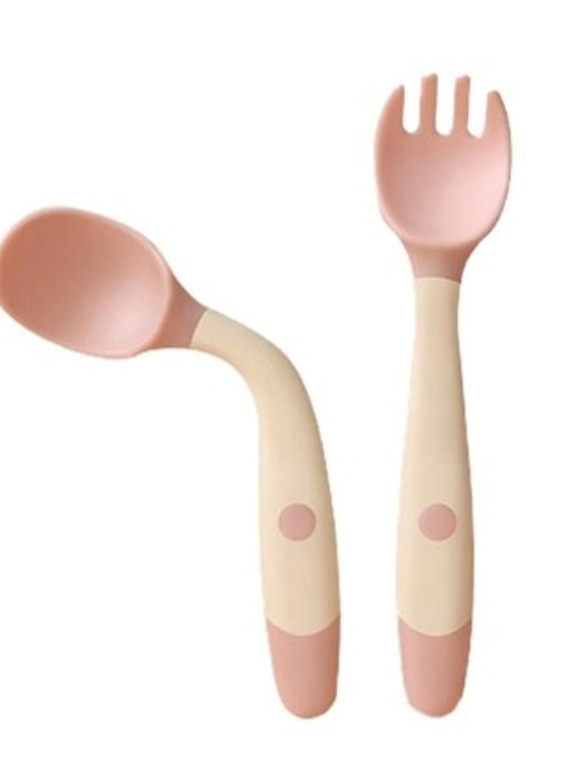 Set cuchara y tenedor silicona flexible rosado-crema 1