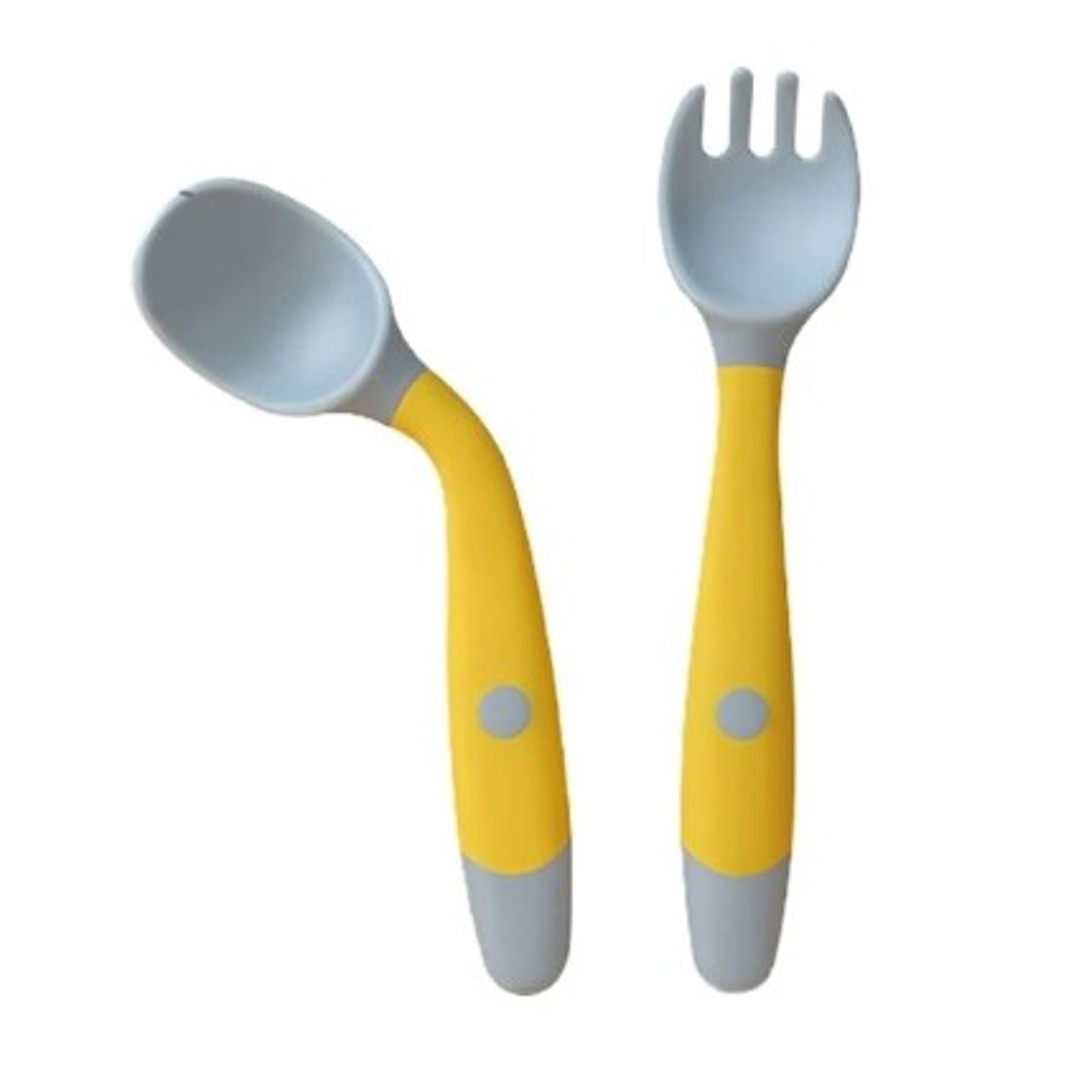 Set cuchara y tenedor silicona flexible amarillo-celeste 1