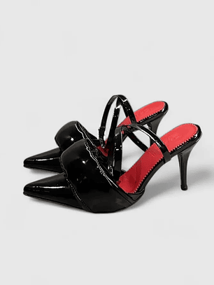 Zapatos De Tacón Strap Destalonado Negro Charol