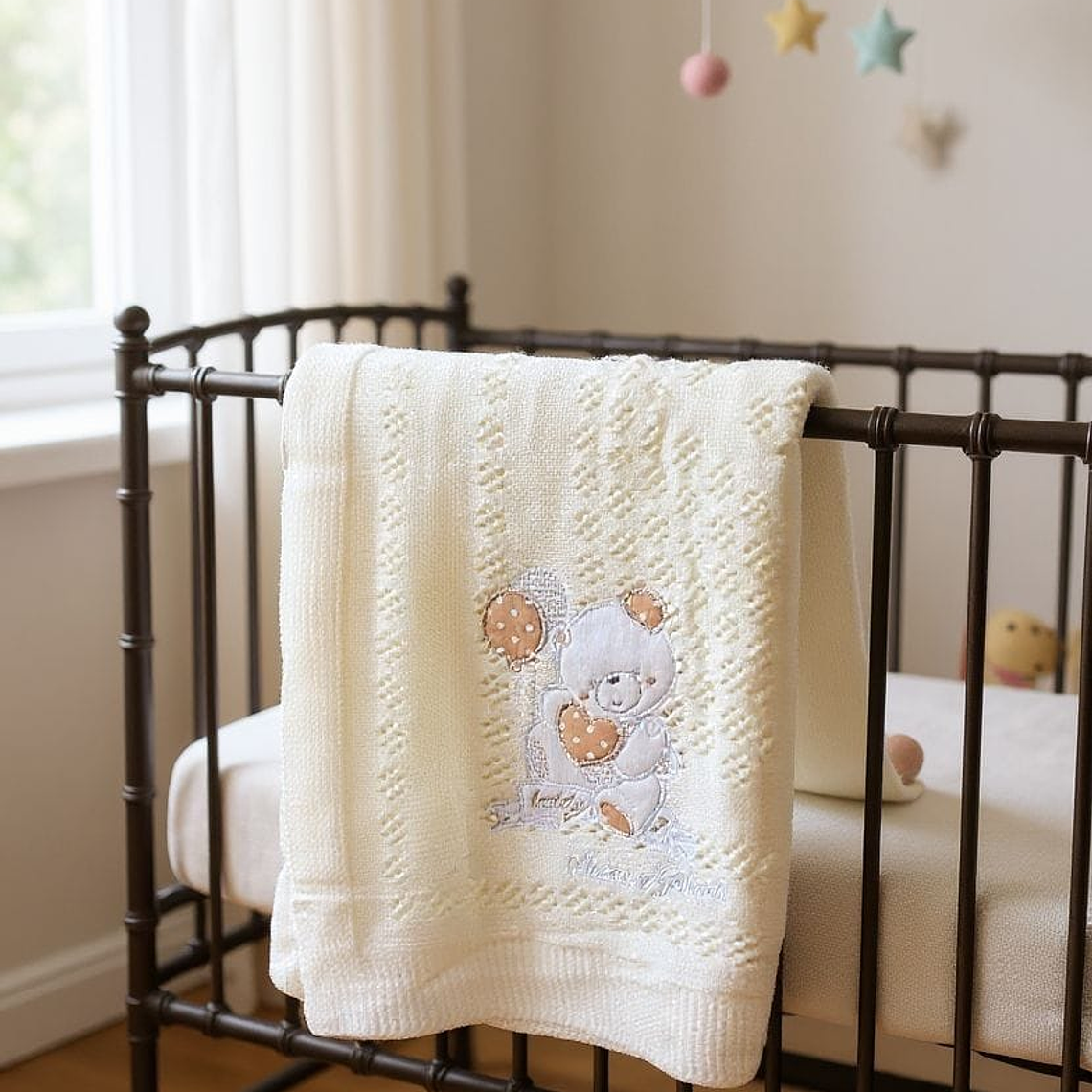 Manta Tejida Diseño Osito Bordado 1