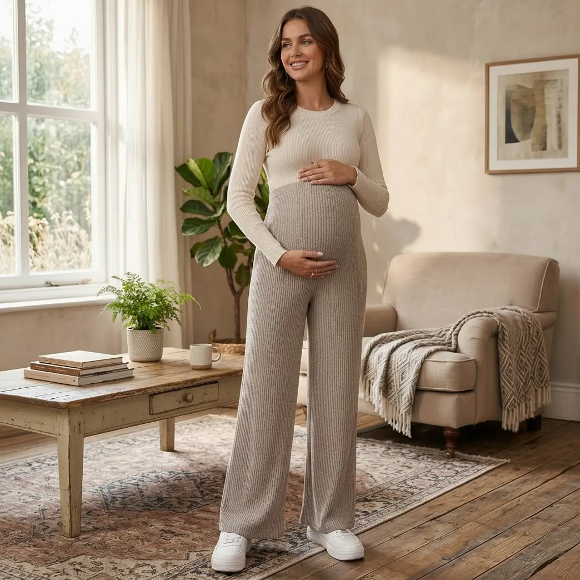 Pantalón Maternal con Pretina Ajustable Beige 1