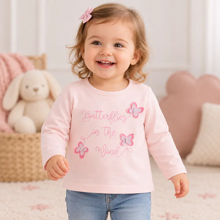 Polera Manga Larga Mariposas Rosada 1