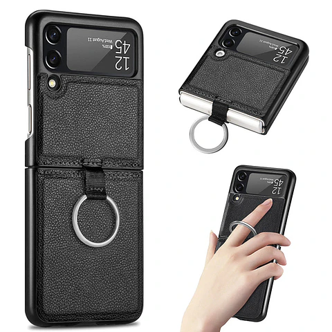 Carcasa Para Samsung Z Flip 3/ Z Flip 4 Cuero Negro Premium Con Anillo