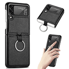 Carcasa Para Samsung Z Flip 3/ Z Flip 4 Cuero Negro Premium Con Anillo 1