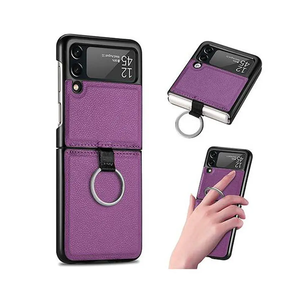Carcasa Para Samsung Z Flip 3/ Z Flip 4 Cuero Negro Premium Con Anillo 2