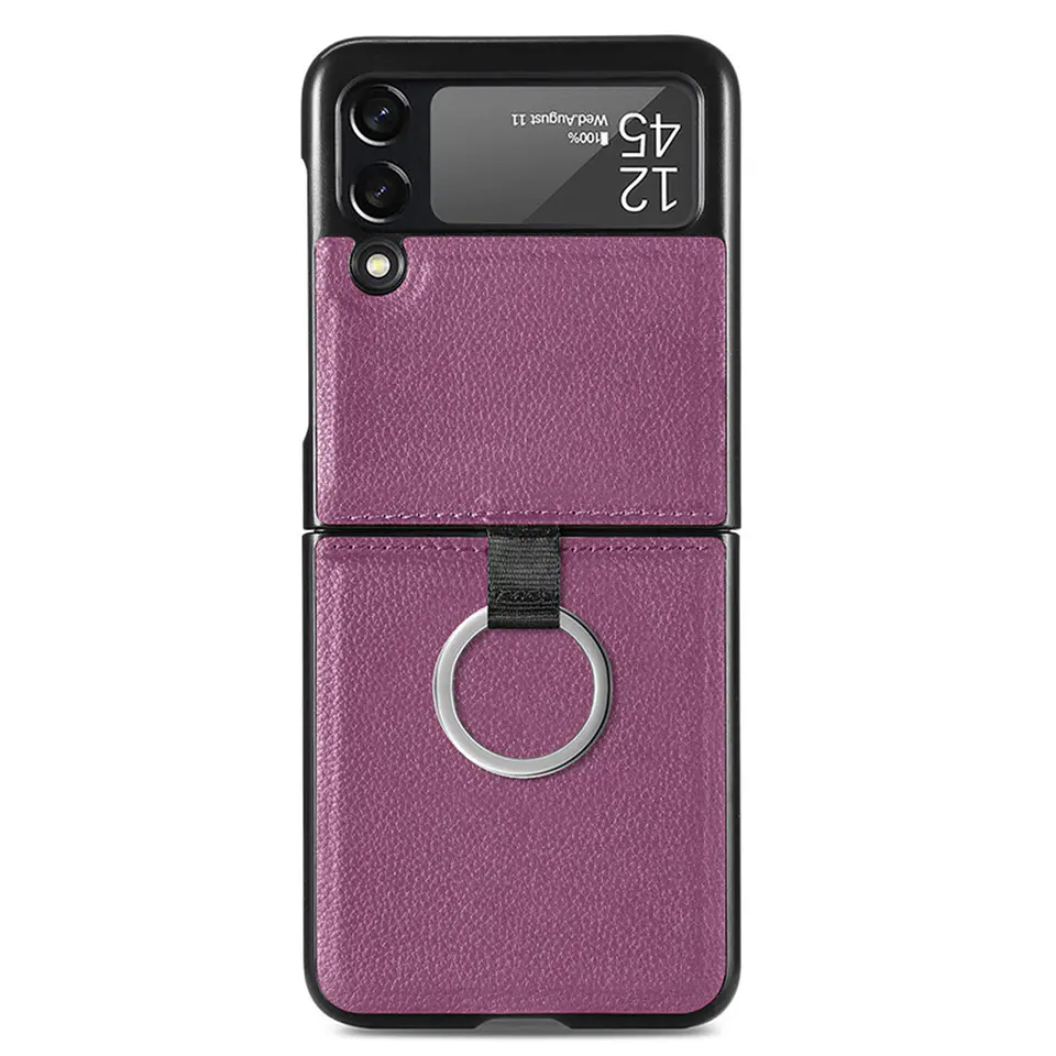 Carcasa Para Samsung Z Flip 3/ Z Flip 4 Cuero Negro Premium Con Anillo 3