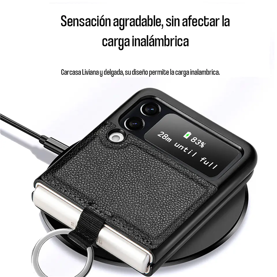 Carcasa Para Samsung Z Flip 3/ Z Flip 4 Cuero Negro Premium Con Anillo 4