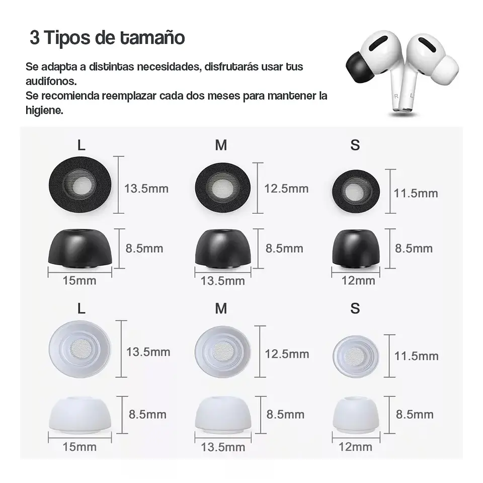 6 Pares Almohadillas Memory Foam / Silicona Para AirPods Pro 3