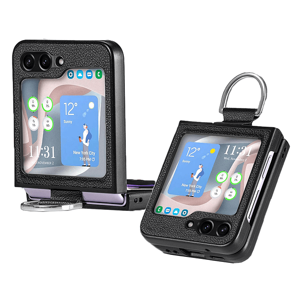 Carcasa Para Samsung Z Flip 5 Cuero Premium Con Anillo 5