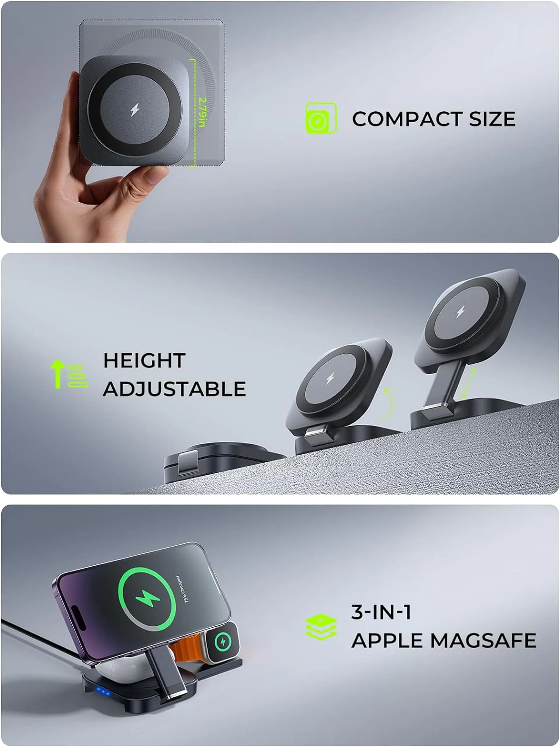 Cargador 3 en 1 Aluminio compatible para iPhone / Airpods / Apple Watch 3
