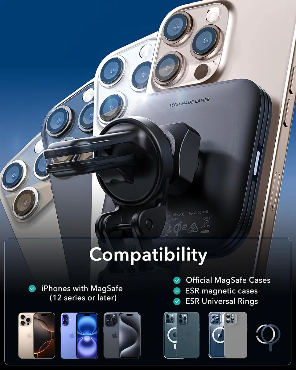 Soporte Celular Auto ESR Qi2 Cryoboost Magnético Para iPhone 10