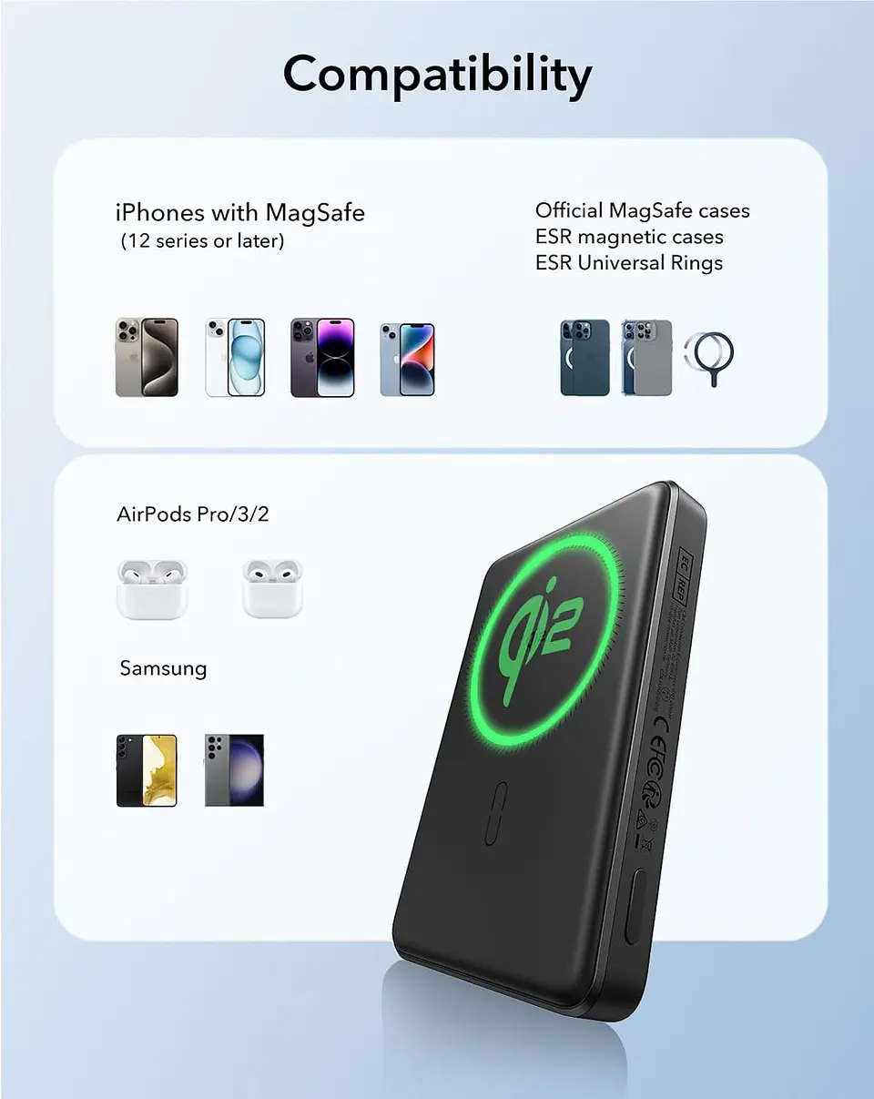 Cargador Portatil Bateria Portatil ESR Para iPhone Qi2 10,000 mAh Magnetica MagSlim 8