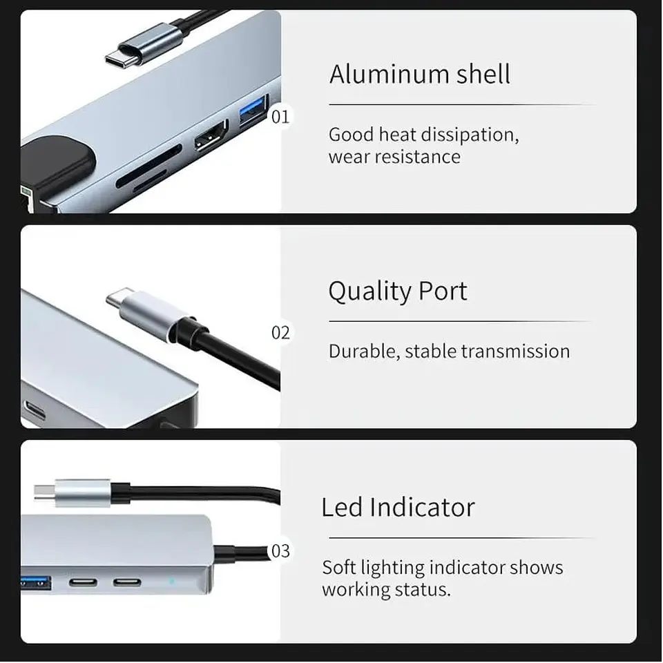 Hub Usb C 8 En 1 Hdmi Micro Sd Rj45 Para Macbook / iPad 8
