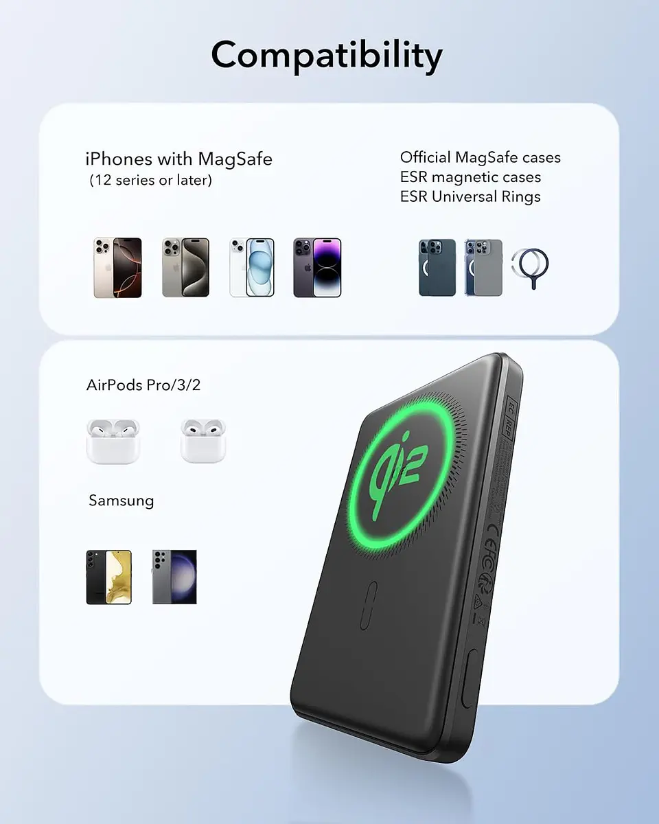 Cargador Portatil Bateria ESR Para iPhone Qi2 5,000 mAh Magnetica MagSlim Powerbank 8