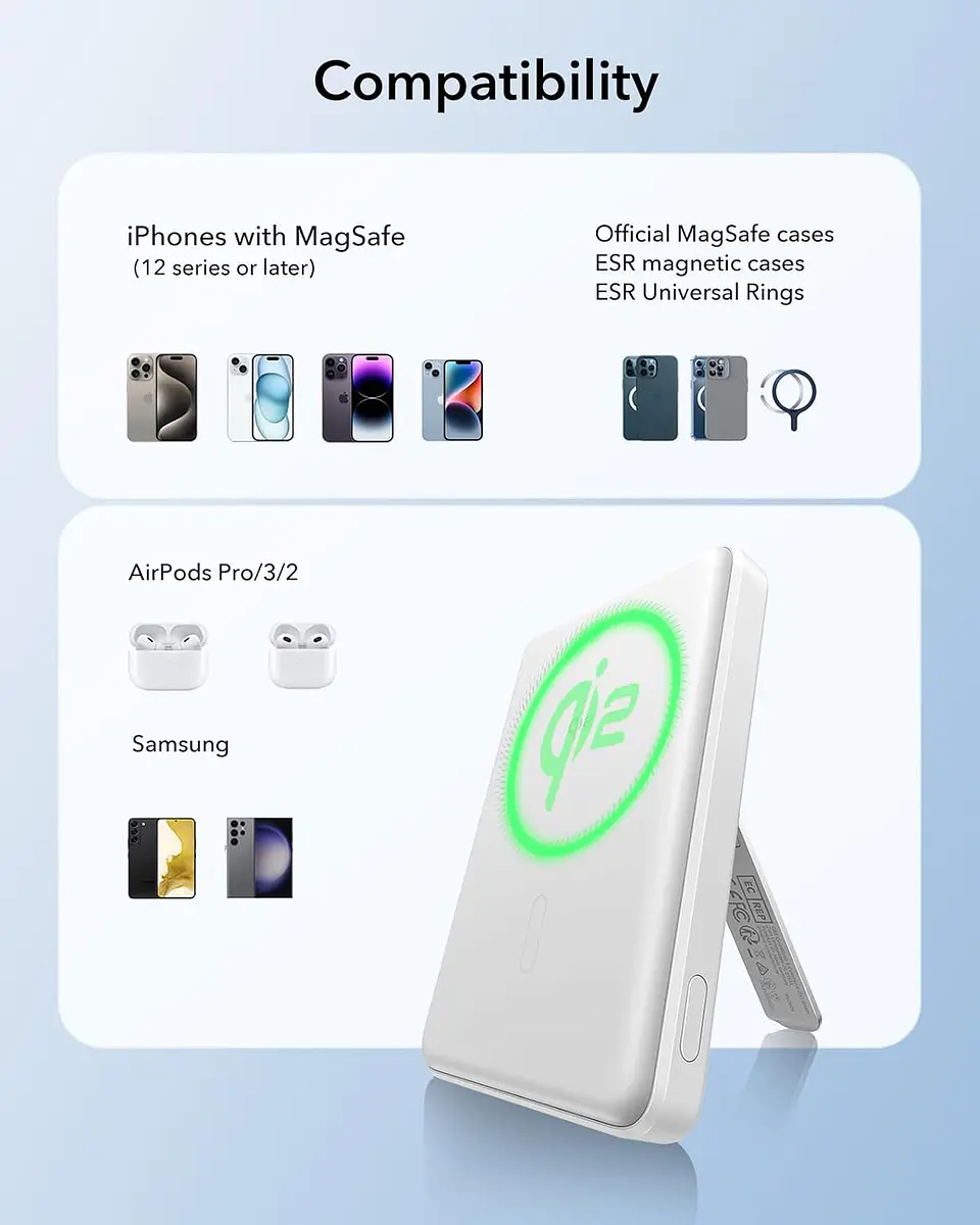 Bateria portatil ESR para iPhone Qi2 5,000mAh Magnetica Kickstand Powerbank 9