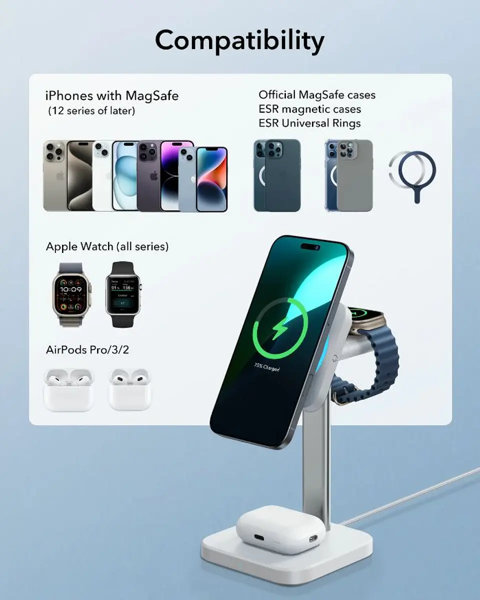 Estación de Carga ESR 3 en 1 Qi2 para iPhone / Apple Watch / AirPods CryoBoost  8