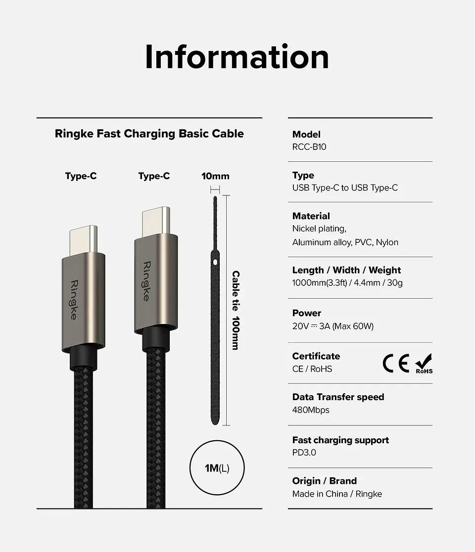 Cable Ringke Carga Rápida USB C a USB C (1m) 60w 11