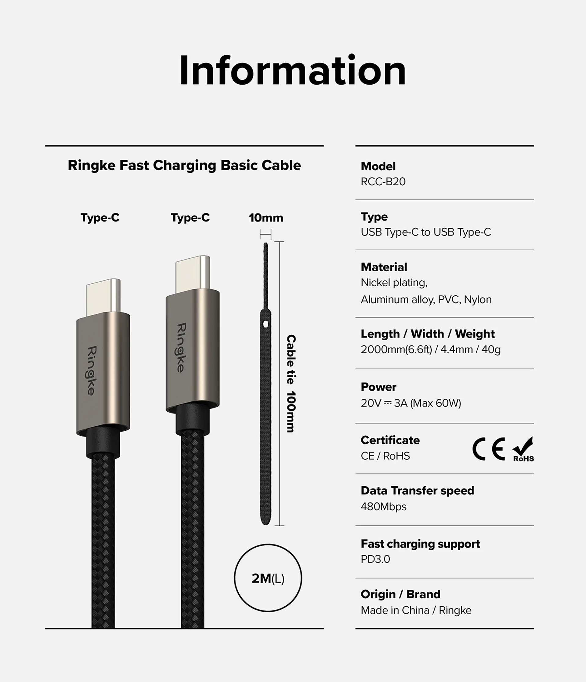 Cable Ringke USB C Carga Rápida a USB C (2 Metros) 60w 13
