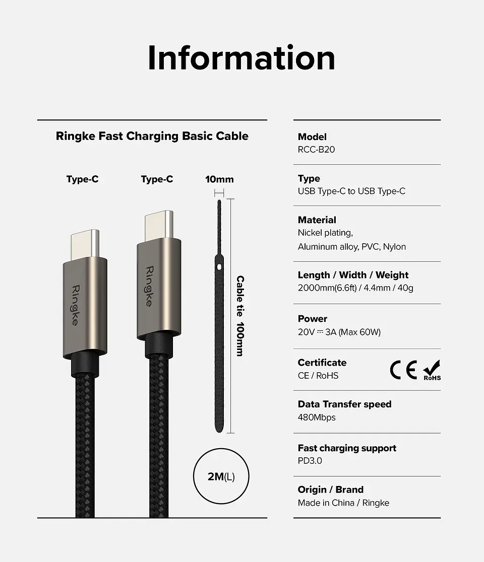 Cable Ringke USB C Carga Rápida a USB C (2 Metros) 60w 13