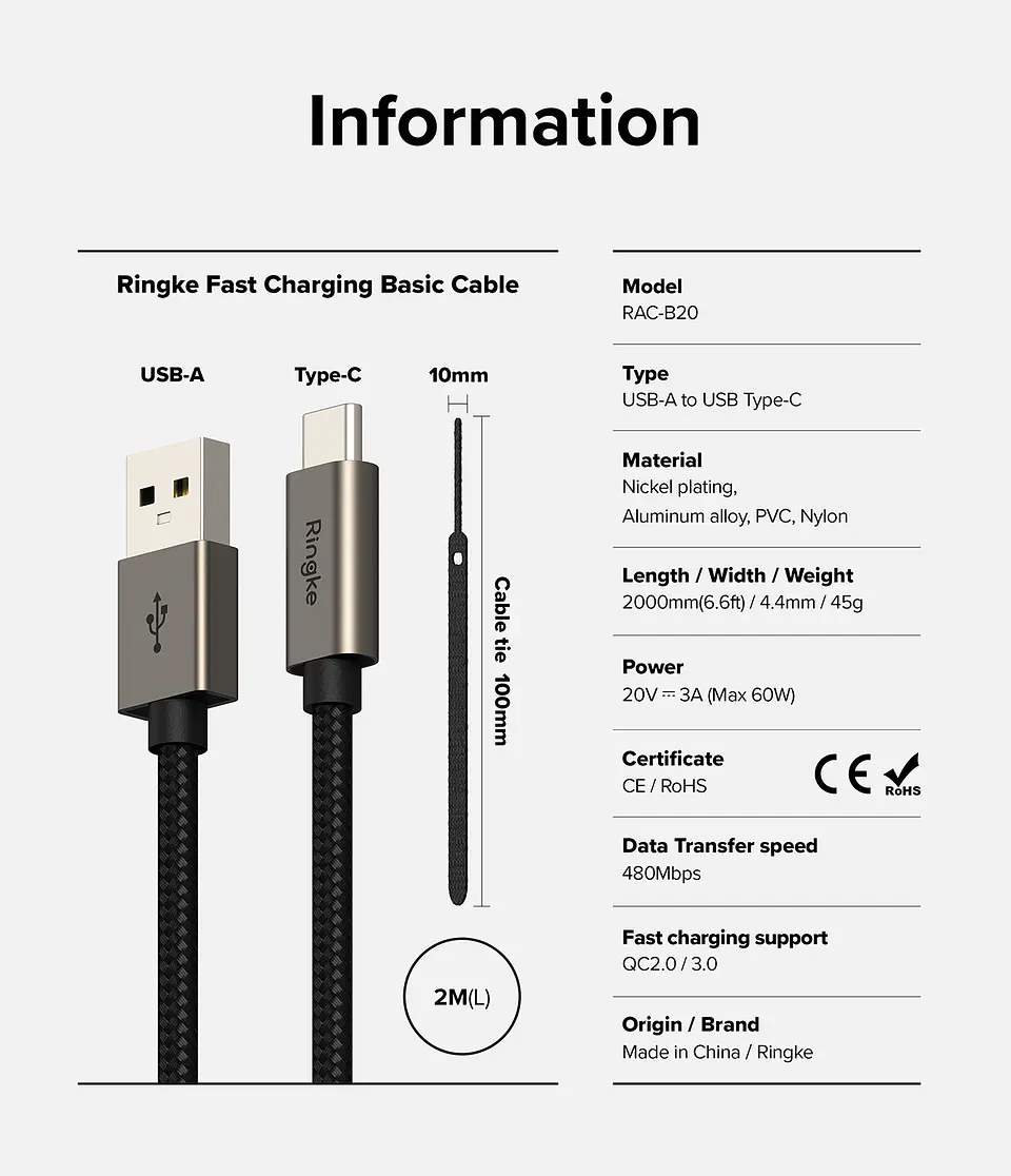 Cable Ringke Carga Rápida Basic USB-A a USB-C (2M) 10