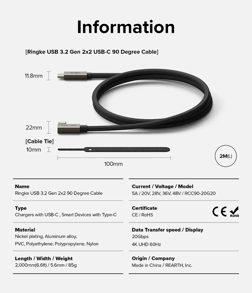 Cable Ringke Para USB 3.2 Gen 2x2 USB-C 90° (2 M) 12