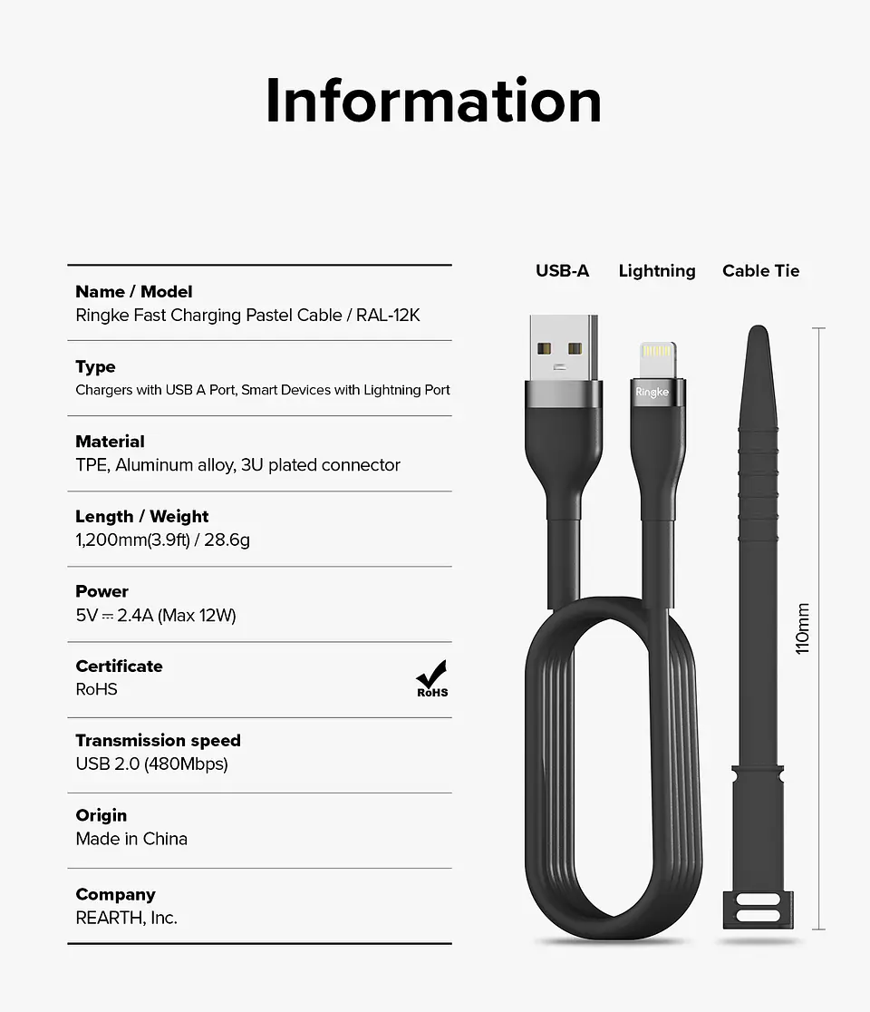 Cable Ringke Carga Rápida USB-A a Lightning Pastel (1.2M) 9