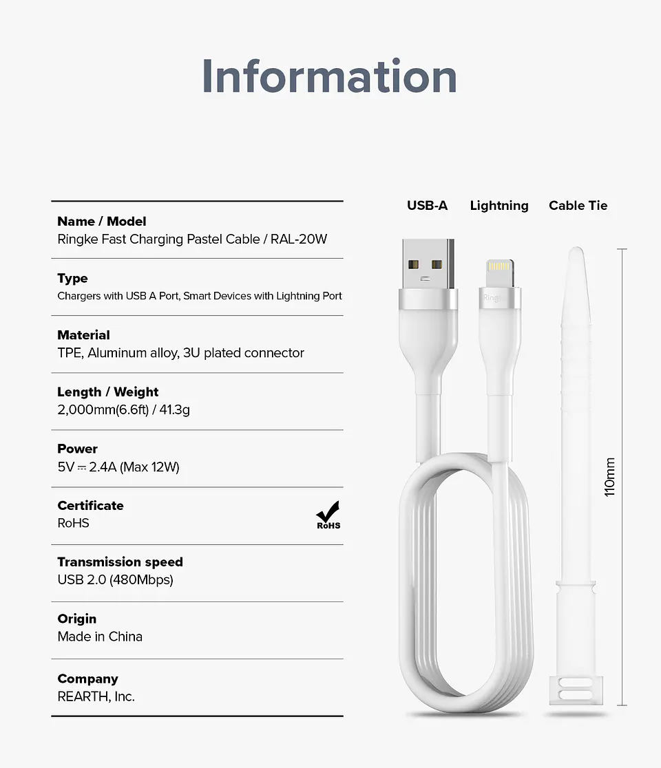 Cable Ringke Carga Rápida USB A a Lightning Pastel (2M) 9
