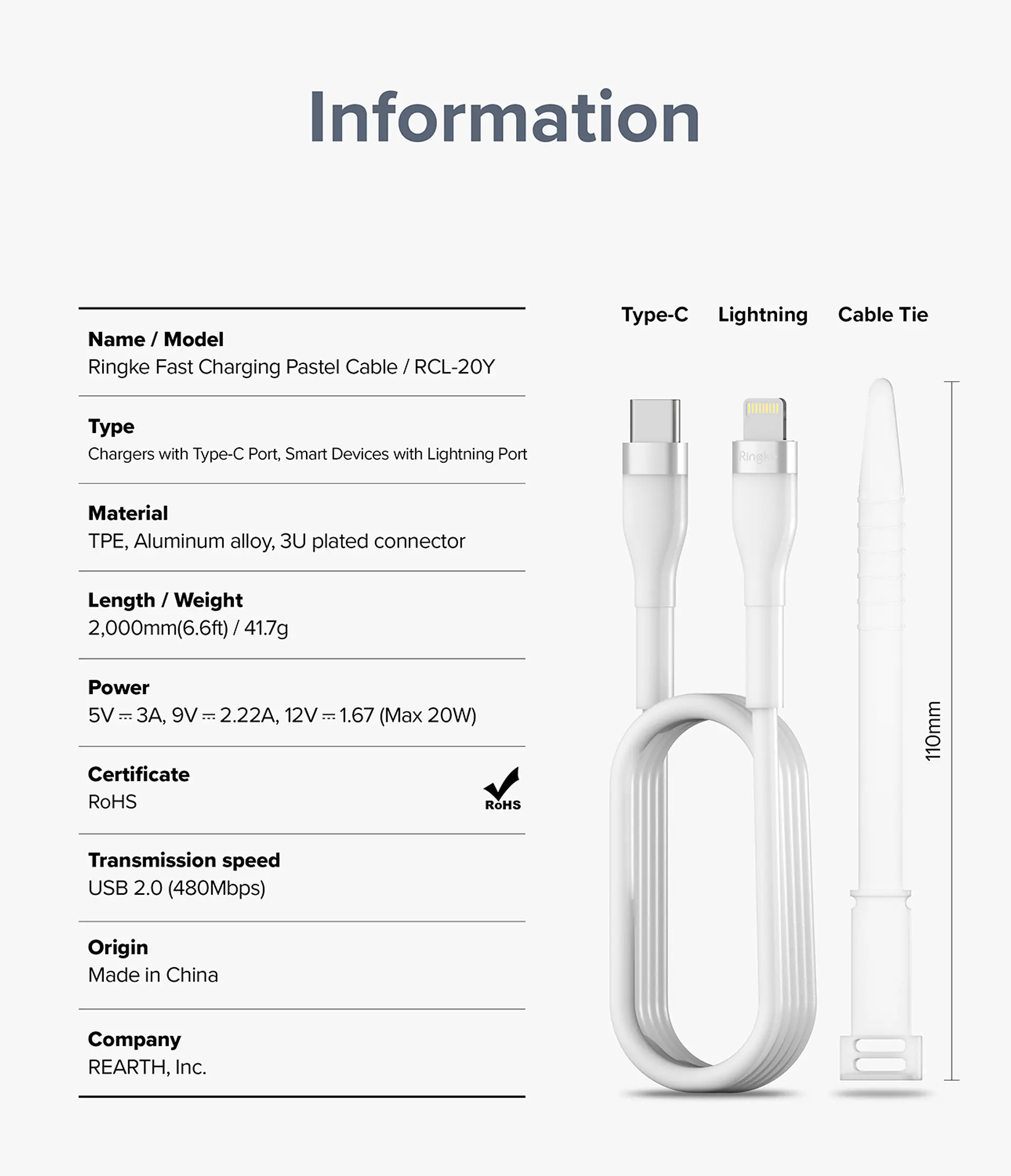Cable Ringke Carga Rápida para iPhone USB-C a Lightning Pastel (2m) 9