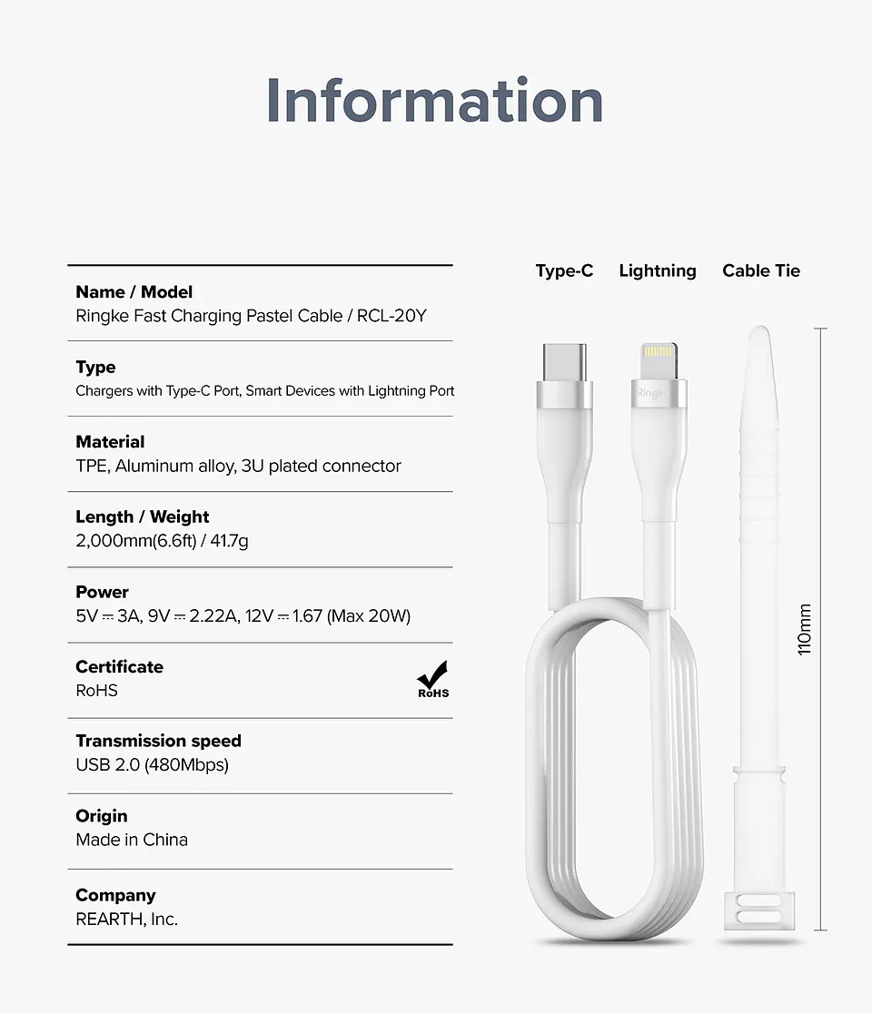 Cable Ringke Carga Rápida para iPhone USB-C a Lightning Pastel (2m) 9