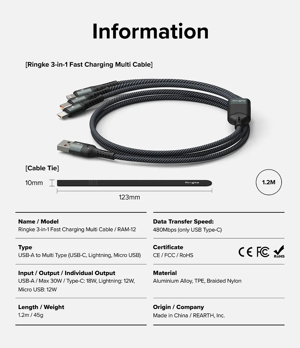 Cargador Ringke 3 en 1 Carga Rápida Multi Cable  12