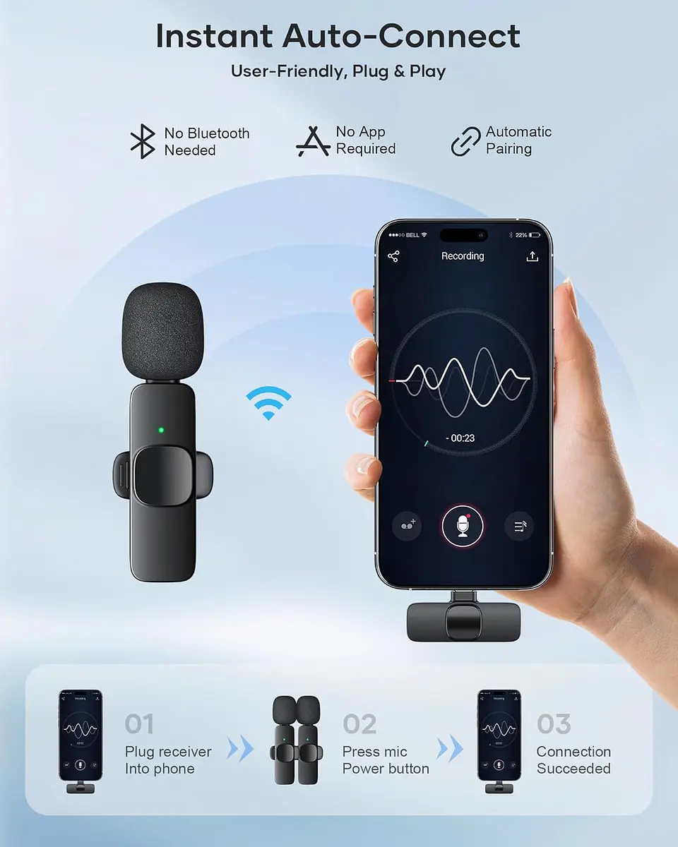 2 Pack Micrófono Inalámbrico Lavalier Para iPhone, iPad y Android 2