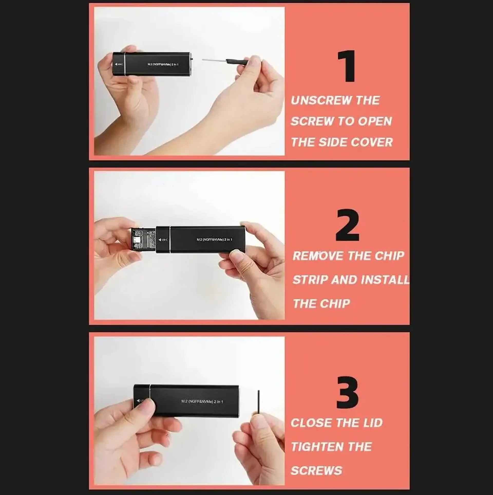 Cofre Externo USB 3.1 Tipo C Para SSD M.2 NVMe / SATA 8