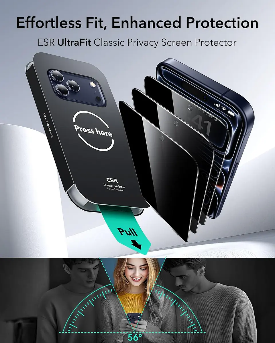 Lamina Pantalla ESR Anti Espia Para iPhone 17 / 17 Pro / Pro Max UltraFit (Pack 3) 5