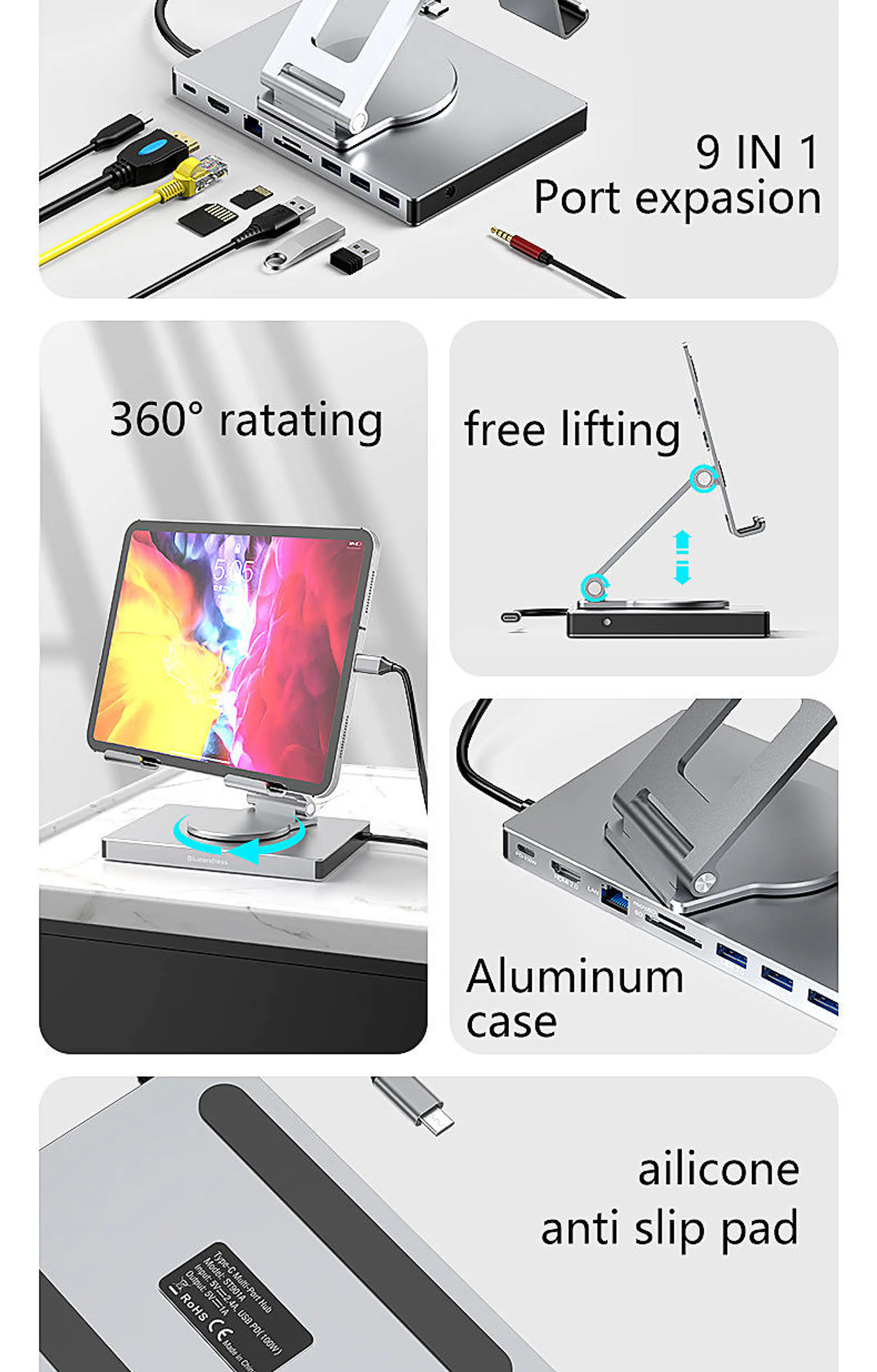 Soporte Ajustable 360° Para Macbook Con Hubs 9 en 1 7