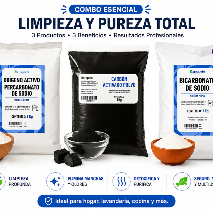 Combo limpieza y aseo Oxigeno activo - Carbon activado - Bicarbonato de sodio 2