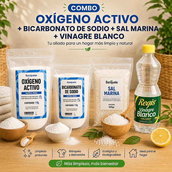 Kit multiusos (Vinagre Blanco Regis + Sal Marina + Bicarbonato + Oxígeno Activo) 1