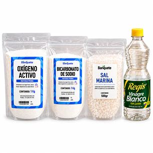 Kit multiusos (Vinagre Blanco Regis 500 ml+ Sal Marina 500 gr  + Bicarbonato 1 kg+ Oxígeno Activo 1 kg)