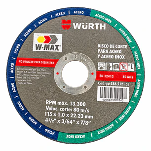Disco de Corte Wurth Acero e Inox 4 1/2