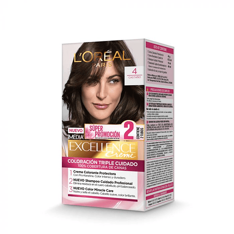 Tintura de Cabello Excellence Creme - LOREAL CASTAÑO 4 (45 G)