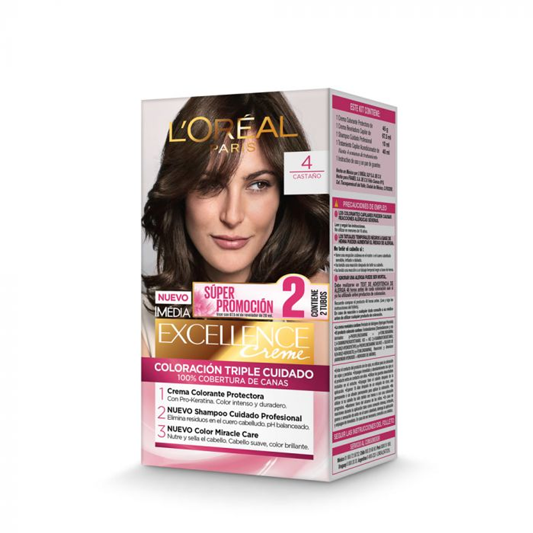 Tintura de Cabello Excellence Creme - LOREAL CASTAÑO 4 (45 G) 1