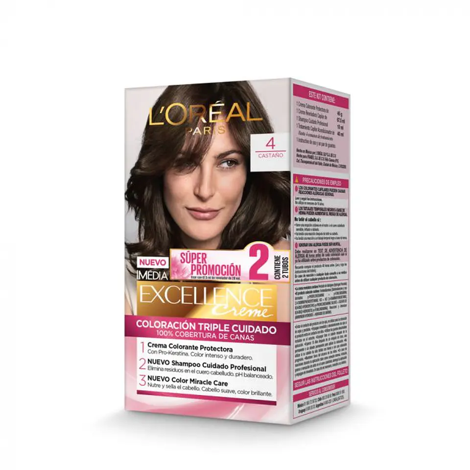 Tintura de Cabello Excellence Creme - LOREAL CASTAÑO 4 (45 G) 1